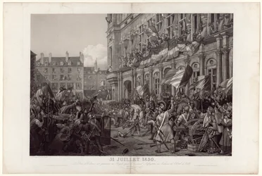 Hertugen af Orléans blev præsenteret for folket af general La Fayette på balkonen på Hôtel de Ville den 31. juli 1830.