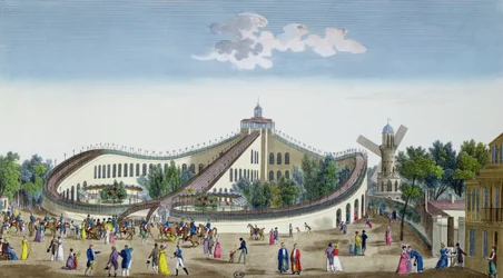 Promenades Aeriennes, Jardin Baujon, hædret af hendes Majestæts tilstedeværelse, 2. august 1817, ca. 1817 (farvegravering)