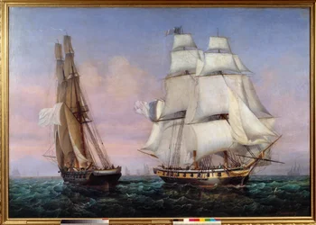 Retur fra øen Elba 28/02/1815 Napoleon I (1769-1821) ombord på skibet "" The inconstant""" krydser "" Zephyr""". Maleri af Ambroise Louis Garneray (1783-1857) 1837 søn. 1,87x2,27 m