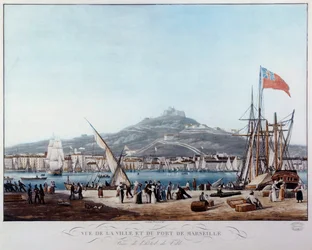 Udsigt over havnen i Marseille under restaureringsakvarellen af Ambroise Louis Garneray (1783-1857) Marseille fra det 19. århundrede, Musee de la Marine