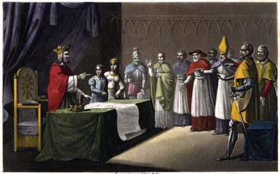 Assemblee of Worms: Louis I the Debonnaire (778-840), konge af Frankrig, deponeret af sine tre sønner (Lothaire, Pepin og Louis) for at have ønsket at genskabe sit rige til fordel for sin fjerde søn (Charles, en figur i blå ved siden af kongen) i 833.