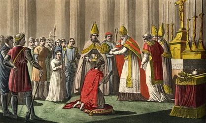 Karl den Store (742-814) kronet ved pave Leo 3. (ca. 750-816) i Peterskirken i Rom den 25. december 800. Tegnet og graveret af Ambroise Tardieu i 1825.