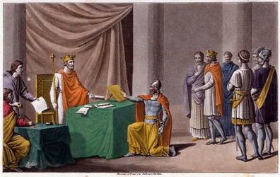 Karl II den Skaldede (823 - 877) underskrev Verdun-traktaten (843) med Ludvig II den Germaner (804 - 876). Designet og indgraveret af Ambroise Tardieu i 1825.