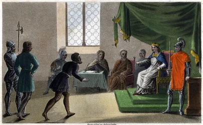 Childebert II, den retfærdige, der yder sine undersåtter ret (711). Designet og indgraveret af Ambroise Tardieu i 1825.