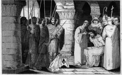 Childeric III (714-751) er detroniseret og begrænset til et kloster - Childeric III detroner og indesluttet af Pepin le Brit i et kloster i Saint Omer mellem 742-749 - Indgravering af 1825 i "Histoire de France repræsenteret ved synoptiske malerier dediee 