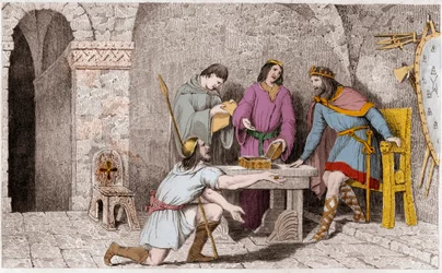 Childeric I (d481) og historien om de to halvdele af guldmønten - Childeric I havde, inden han forlod Frankrig, taget halvdelen af et guldstykke, hvoraf den anden halvdel han havde givet til Guyeman - Cirka seks til otte år senere, Guyeman, ser ånderne bra