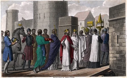 Chilperik drog efter mordet på Sigebert ind i Paris i en procession for ikke at synes at bryde den ed, han havde aflagt, om kun at komme dertil med sine brødres samtykke. Brunehaut (eller Brunhilde), som var gået dertil med sin søn Childebert