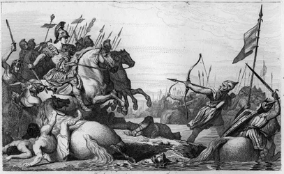 Chlodio den Langhårede (ca. 428-ca. 448) trækker sig tilbage over broen efter sit nederlag ved Aëtius - Chlodio, kaldet »den Langhårede« (ca. 428-ca. 448), merovingernes forfader og leder af de saliske frankere - Chlodio besejres af Aëtius, Valentinian