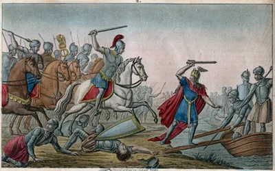 Chlodio, kaldet »den Langhårede« (428-448), merovingernes forfader og leder af de saliske frankere. Chlodio blev besejret af Aëtius, Valentinian 3.s general, som tvang ham til at krydse Rhinen igen. Tegnet og graveret af Ambroise Tardieu i 1825.
