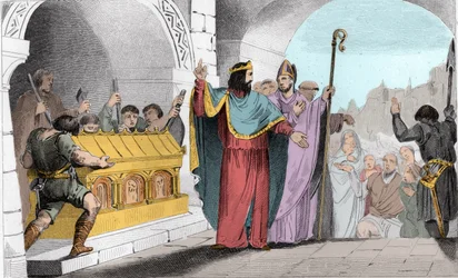 Clovis II (635-657) Salg af sølv og guld fra helligdommen for at brødføde de fattige - Clovis II dit "" le Faineant"" for at brødføde de fattige fik guld- og sølvbladene fjernet fra kirken Saint-Denis - Indgravering 1825 i “Histoire de France repræsenteret