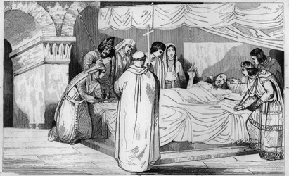 Død af Pepin af Herstal (635-714) omgivet af sin familie - Pepin de Herstals død (bedstefar til Pepin le Brief), omgiver hans familie og i nærværelse af Dagobert III (i 714) - Gravering 1825 i "Histoire de France repræsenteret ved synoptisk smerte