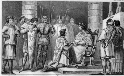 Edward III af England forpligter os til at hylde Philip VI af Valois i katedralen i Amiens i 1329 - Indgravering af 1825 i "Histoire de France repræsenteret af synoptiske malerier dedikeret til Frankrigs børn og ansatte for deres uddannelse" -