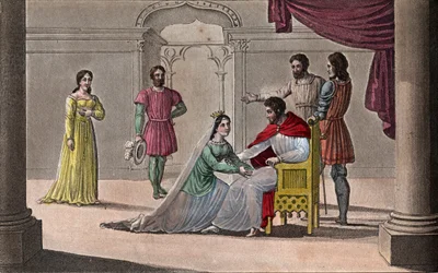 Emma af Frankrig (894-934) kysser knæene på sin mand Raoul (ca. 890-936), som hun valgte som konge under fangenskabet af Charles III den Enfoldige - Tegn og grav af Ambroise Tardieu i 1825