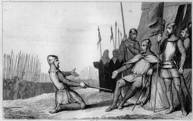 Henri I (1008-60) køretøj hans bror Robert-Le-Vieux i 1032 - Henri I (1008-1060), konge af Frankrig, takker sin bror Robert le Vieux, der rejste sig mod ham, og han afstod hertugen af Bourgogne i 1032 - Indgravering 1825 i “Histoire de France repr