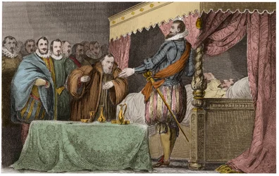 Henrik III (1551-1589), konge af Frankrig, anerkender på sit dødsleje Henrik af Navarra (Henry IV) som sin legitime efterfølger - Saint-Cloud, 2. august