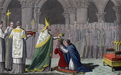 Ludvig III (863-82) og Carloman (865-84) kronet sammen - Ludvig III (v.863 - 882) og Carloman (? - 884) er hellige og kronet samme dag (i 879) i Abbey of Ferrières i Gâtinais - Designet og indgraveret af Ambroise Tardieu i 1825.