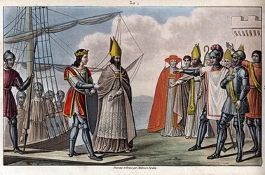 Louis IV af Outremer (oversøisk, oversøisk) (921-954), karolingisk dynasti. Han blev bragt tilbage fra England til Frankrig af Guillaume, Archeveque de Sens, for at genvinde under Hugues den Stores vejledning. - Tegn og grav af Ambroise Tardieu i 1825.
