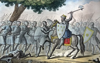 Louis VI, kendt som "the Gros" (1081 - 1137), i slaget ved Brenneville, forsøger at fjerne Normandiet fra kong Henrik I i 1119. - Designet og indgraveret af Ambroise Tardieu i 1825.