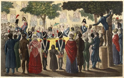 Ludvig XVIII (1755-1824) blev udråbt til konge af Condés hær blandt et lille antal undersåtter, der var loyale over for Paris i 1814 (Restaurering) - Designet og indgraveret af Ambroise Tardieu i 1825.