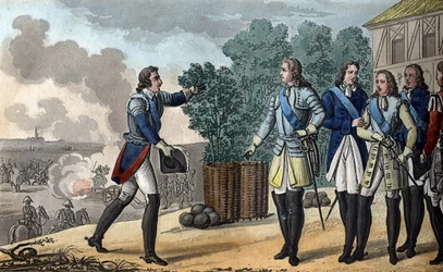 Ludvig XV (1710-1774). Kongen og Dauphin deltager i slaget ved Fontenoy, som var meget vigtigt for udfaldet af krigen i den østrigske arvefølge. Marskalen af Sachsen vandt slaget ved Fontenoy i 1748. - Designet og indgraveret af Ambroise Tard