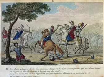 Merovee (447-458) trodser Attila ved Catalaunique Fields nær Troyes med Aetius og Theodoric I. Han er den formastelige konge af francs-salianerne og gav sit navn til det merovingerske dynasti. - Tegn og grav af Ambrose Tardieu i 1825.
