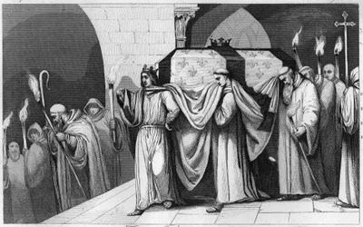 Philippe III The Bold (1245-1285) hjælper med at bære sin fars kiste ind i Basilica of Saint Denis i 1271 - Philippe III the Hardi transporterer relikvier af sin far Ludvig IX (Saint Louis) til basilikaen Saint Denis, kongers nekropolis i 1271 - Indgraveri