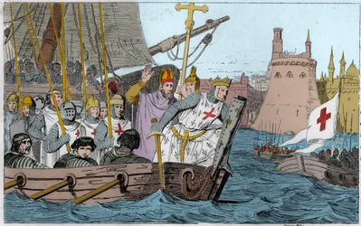 Syvende korstog: Kong Ludvig den Hellige (1214-1270) og korsfarerne belejrer Damietta i juni 1249 i Nedre Egypten - Syvende korstog til Det Hellige Land 1248-50 - Ludvig 9. den Hellige (1214-70) fører sine tropper i slaget - Stik fra 1825 i „Histoire de