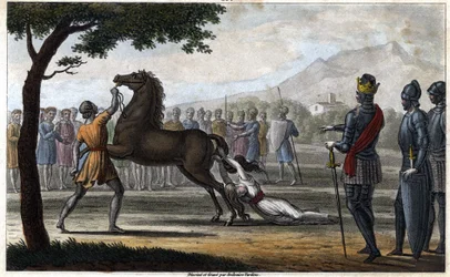 Dronning Brunhildas af Austrasien død, en visigotisk prinsesse gift med kong Sigibert 1. af Austrasien - Brunehauts (eller Brunehildes) død beordret af Chlothar 2. (613). Tegning og gravure af Ambroise Tardieu, 1825.