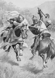 Mødet mellem Robert Bruce (1274-1329) og Sir Henry de Bohun (1276-1322) illustration fra British Battles on Land and Sea redigeret af Sir Evelyn Wood (1838-1919) først udgivet 1915 (farve litho)