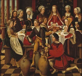 Les noces de Cana - Bryllupsfesten i Cana, af Benson, Ambrosius (1495-1550). Olie på træ. Mål: 99x105 cm. Nationalmuseum Stockholm