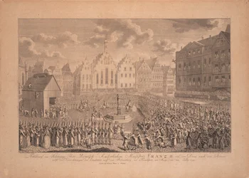 Frans 2.s kroningsoptog fra domkirken i Frankfurt til Römerberg i juli 1792