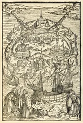 Kort over den nye ø Utopia fra en udgave fra 1518 af Utopia af Sir Thomas More (1478-1535), første gang udgivet i 1516. Træsnit af Ambrosius Holbein (ca. 1494-ca. 1519), der viser øen med hovedpersonerne