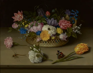 Et stilleben af blomster, en guldsmede og en rød admiral