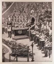 Stor frimurerforsamling i Royal Albert Hall til ære for dronningens jubilæum, fra «The Illustrated London News», 18. juni 1887