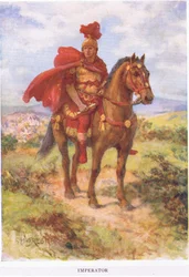 Imperator: oprindeligt var her, den sejrrige romerske general blev hilst af sine soldater i felten. Senere blev titlen forbeholdt kejsere, illustration fra The Roman Soldier, 1928 (colou