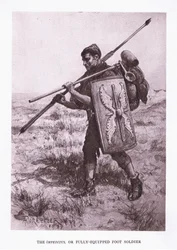 Impeditus eller fuldt udstyret fodsoldat, illustration fra The Roman Soldier, 1928