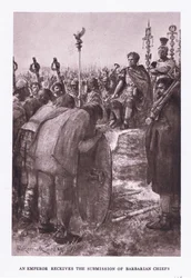 Kejseren modtager underkastelse af barbarhøvdinge, illustration fra den romerske soldat, 1928