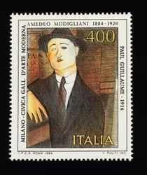 Frimærke fra italiensk kunstserie til ære for Amedeo Modigliani (1884-1920), forestillende Portræt af Paul Guillaume (1916), 400 lire frimærke
