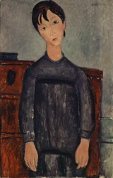 Stående pige i sort forklæde, 1918