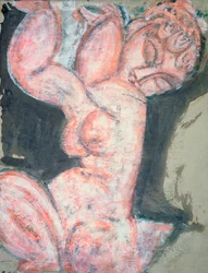 Pink Nude, Caryatid (wc, gouache, farveblyant og blyant på papir)