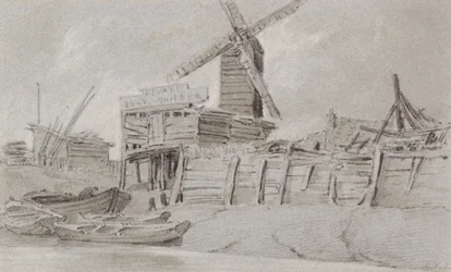 Vindmølle og bådeværft, ca. 1803 (kul, blyant og vask)