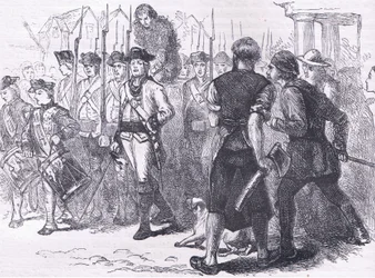 En landsmand tjæret og fjerklædt, illustration fra Cassells History of the United States udgivet af Cassell, Petter & Galpin, ca. 1900 (litho)