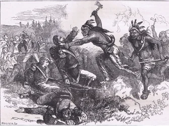 Angreb af indianerne ved Fort Dearborn, illustration fra Cassells History of the United States udgivet af Cassell, Petter & Galpin, ca. 1900 (litho)