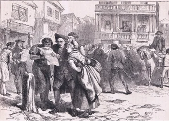 Bostonianere læser Stamp Act, illustration fra Cassells History of the United States udgivet af Cassell, Petter & Galpin, ca. 1900 (litho)