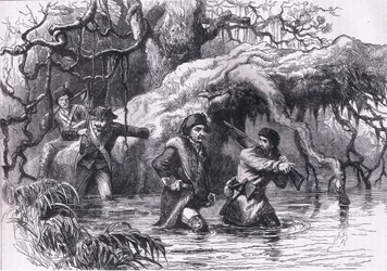 Clarke og hans soldater krydser Wabash, illustration fra Cassells History of the United States udgivet af Cassell, Petter & Galpin, ca. 1900 (litho)