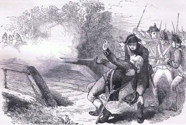Death of Isaac Davis, illustration fra Cassells History of the United States udgivet af Cassell, Petter & Galpin, ca. 1900 (litho)