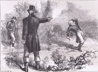 Duel mellem Burr og Hamilton, illustration fra Cassells History of the United States udgivet af Cassell, Petter & Galpin, ca. 1900 (litho)