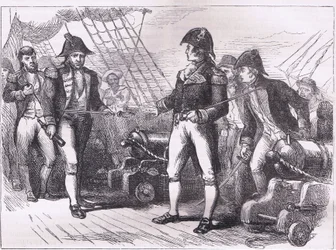 Officererne fra Chesapeake tilbyder deres sværd, illustration fra Cassells History of the United States udgivet af Cassell, Petter & Galpin, ca. 1900 (litho)