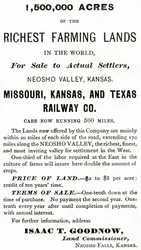 1.500.000 Acres af de rigeste landbrugslande i verden, i Neosho Valley, Kansas, annonce fra Appletons Journal, 4. maj 1872