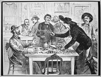 En gambler anklager en medspiller for snyd, ca. 1880 (gravering)